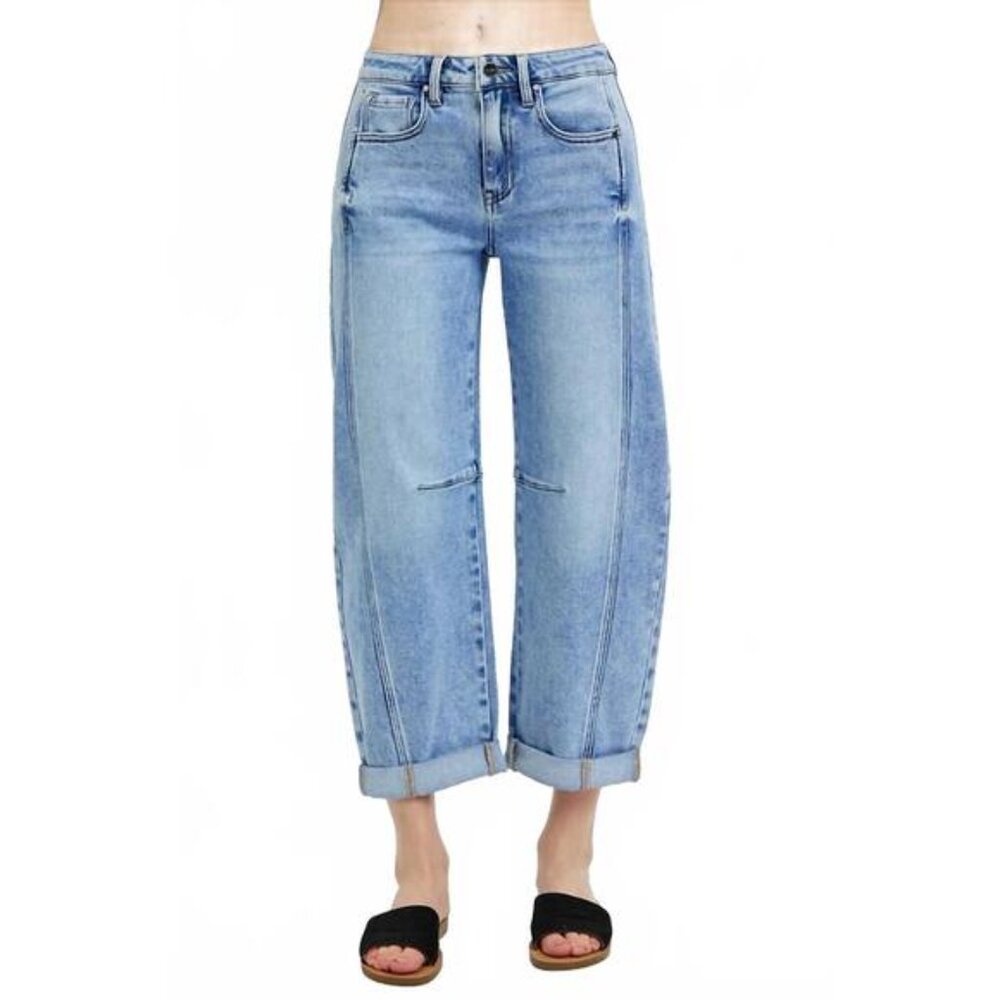 Risen Jeans RDP5901 High Rise Barrel Medium Wash Adjustable Cuff Hem Size 30/11‎
